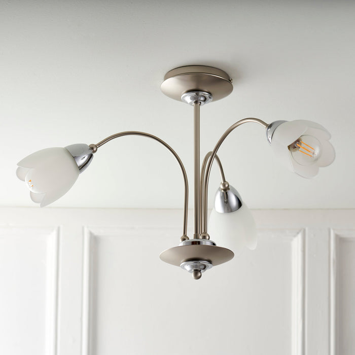 Endon 124-3 Petal 3lt Semi flush Satin chrome plate & opal glass 3 x 40W E14 golf (Required) - westbasedirect.com