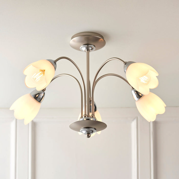 Endon 124-5 Petal 5lt Semi flush Satin chrome plate & opal glass 5 x 7W LED E14 (Required) - westbasedirect.com