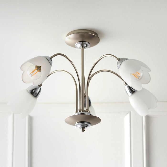 Endon 124-5 Petal 5lt Semi flush Satin chrome plate & opal glass 5 x 7W LED E14 (Required) - westbasedirect.com