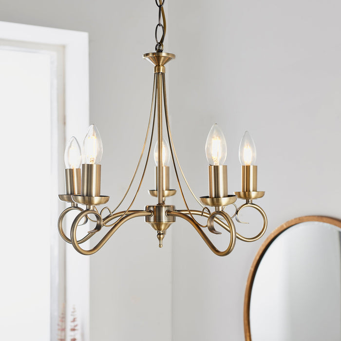 Endon 180-5AN Trafford 5lt Pendant Antique brass plate 5 x 60W E14 candle (Required) - westbasedirect.com