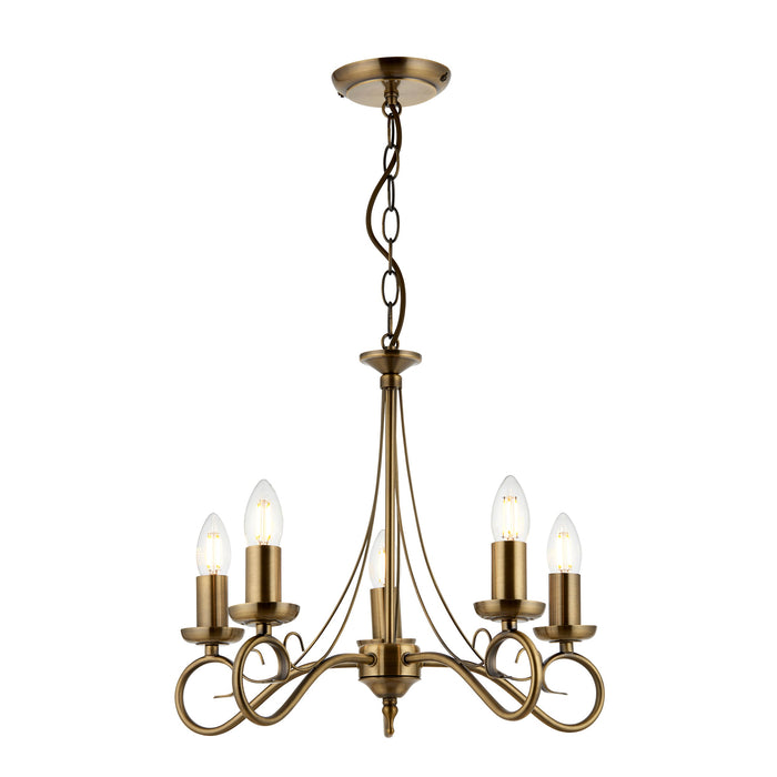 Endon 180-5AN Trafford 5lt Pendant Antique brass plate 5 x 60W E14 candle (Required) - westbasedirect.com