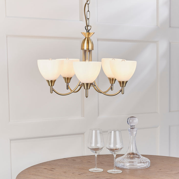 Endon 1805-5AN Alton 5lt Pendant Antique brass plate & opal glass 5 x 60W E14 golf (Required) - westbasedirect.com