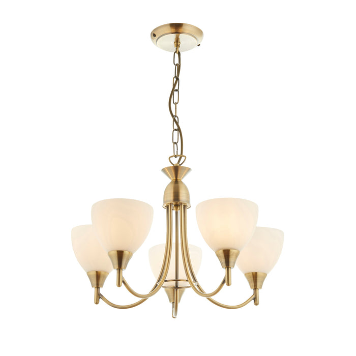 Endon 1805-5AN Alton 5lt Pendant Antique brass plate & opal glass 5 x 60W E14 golf (Required) - westbasedirect.com