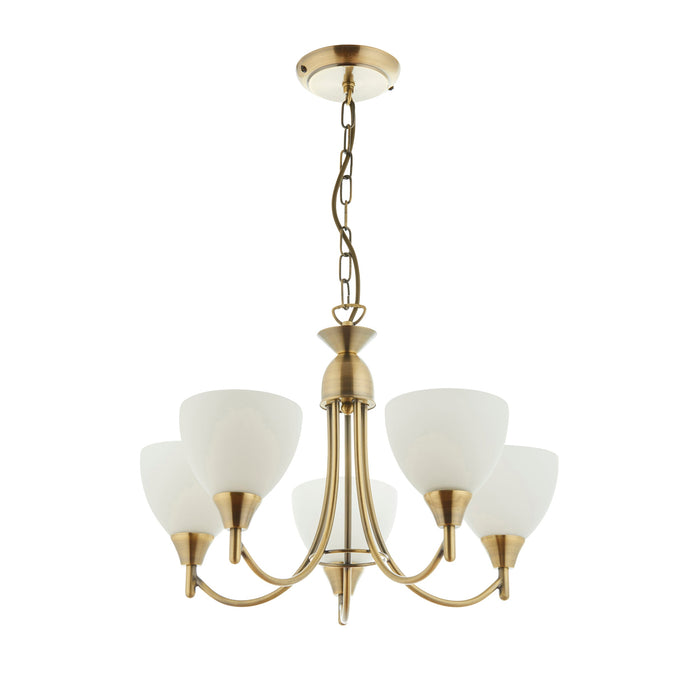 Endon 1805-5AN Alton 5lt Pendant Antique brass plate & opal glass 5 x 60W E14 golf (Required) - westbasedirect.com