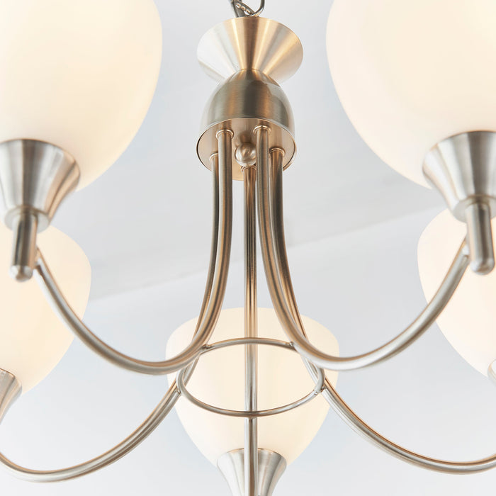 Endon 1805-5SC Alton 5lt Pendant Satin chrome plate & opal glass 5 x 60W E14 golf (Required) - westbasedirect.com