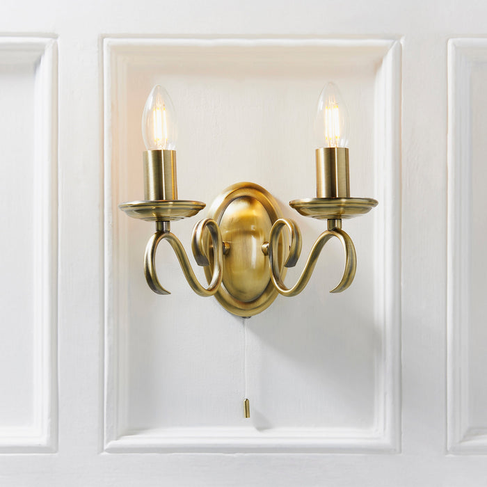 Endon 2030-2AN Bernice 2lt Wall Antique brass plate 2 x 60W E14 candle (Required) - westbasedirect.com