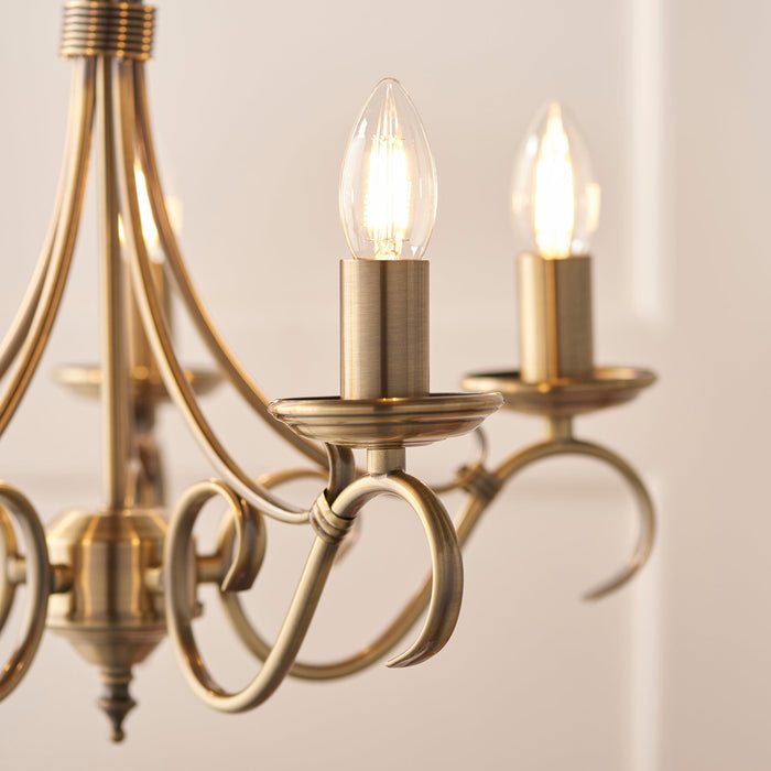 Endon 2030-5AN Bernice 5lt Pendant Antique brass plate 5 x 60W E14 candle (Required) - westbasedirect.com