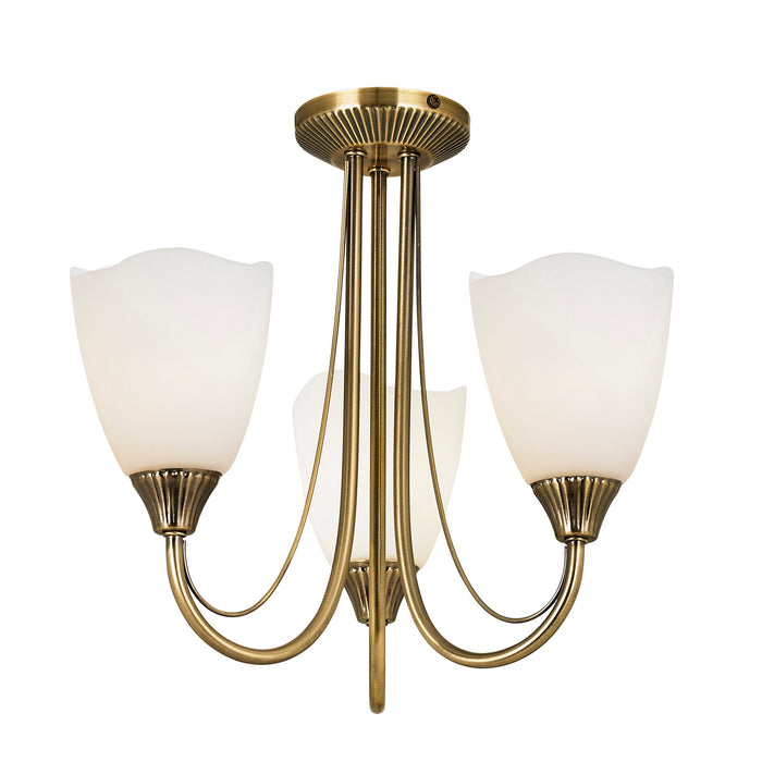 Endon 601-3AN Haughton 3lt Semi flush Antique brass plate & opal glass 3 x 60W E14 candle (Required) - westbasedirect.com