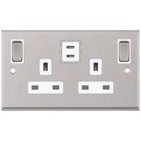 Selectric 7MPRO-168 7M-PRO 2 Gang 13A Switched Socket Outlet with 2x USB Type-C (3A) - Satin Chrome, White Insert