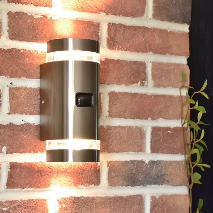 Lutec 5604024001 FOCUS IP44 GU10 Outdoor Up/Down Wall Light with PIR - Stainless Steel (Lamp Not Included)