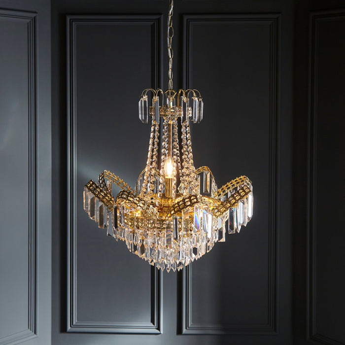 Endon 96819-GO Adagio 9lt Pendant Clear glass & gold effect plate 9 x 6W LED E14 (Required) - westbasedirect.com