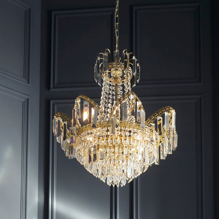 Endon 96819-GO Adagio 9lt Pendant Clear glass & gold effect plate 9 x 6W LED E14 (Required) - westbasedirect.com