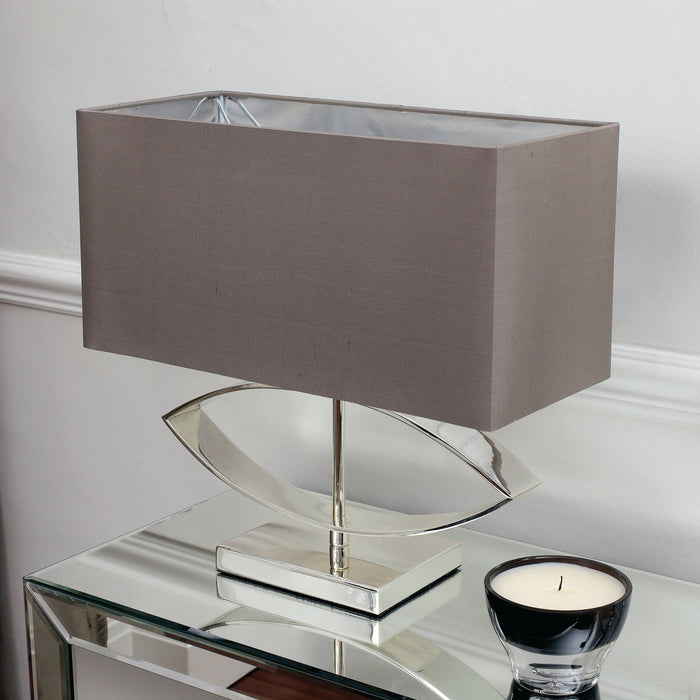 Endon TRAMINI Tramini 1lt Table Silver plate & taupe silk 60W E27 GLS (Required) - westbasedirect.com