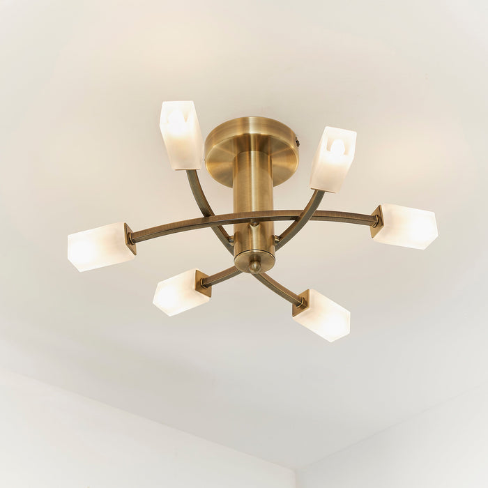 Endon 146-6AB Havana 6lt Semi flush Antique brass plate & frosted glass 6 x 3W LED G9 (Required) - westbasedirect.com