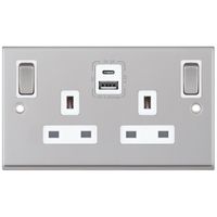 Selectric 7MPRO-186 7M-PRO 2 Gang 13A Switched SP Socket Outlet (Outboard Rockers) + 2 Earth Terminal with 1x USB Type-A (2.4A) & 1x USB Type-C (3A) - Satin Chrome, White Insert