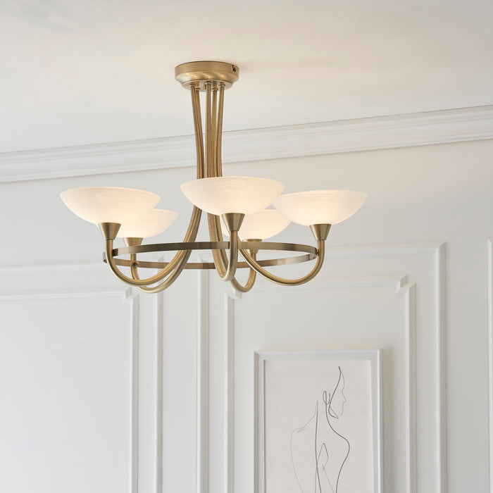 Endon CAGNEY-5AB Cagney 5lt Semi flush Antique brass plate & white glass 5 x 33W G9 clear capsule (Required) - westbasedirect.com