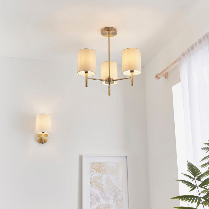 Endon BRIO-3AB Brio 3lt Semi flush Antique brass plate & cream fabric 3 x 40W E14 golf (Required) - westbasedirect.com