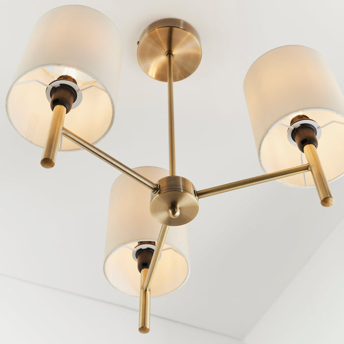 Endon BRIO-3AB Brio 3lt Semi flush Antique brass plate & cream fabric 3 x 40W E14 golf (Required) - westbasedirect.com