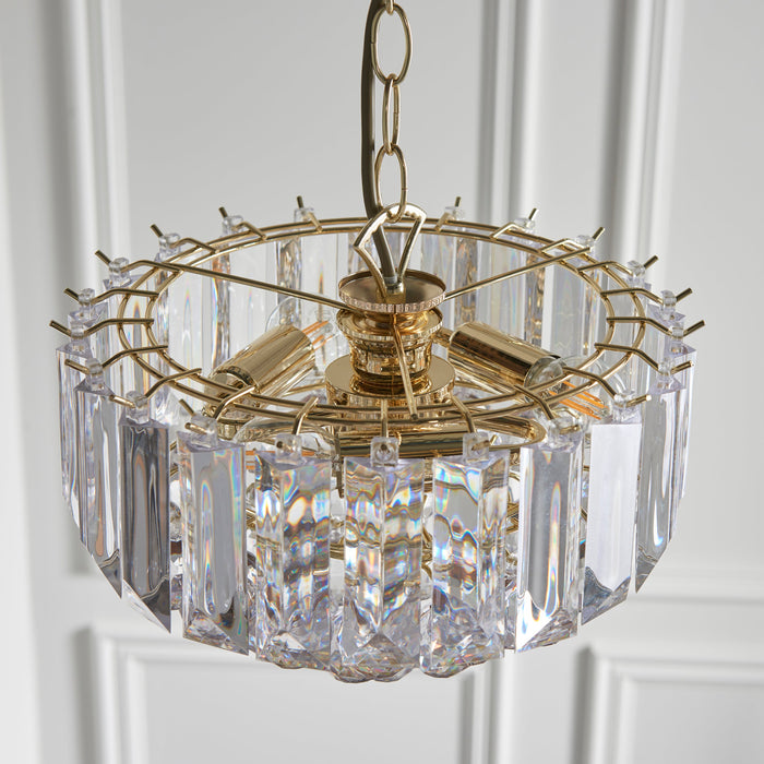 Endon FARGO-12BP Fargo 3lt Pendant Brass plate & clear acrylic 3 x 7W LED E14 (Required) - westbasedirect.com