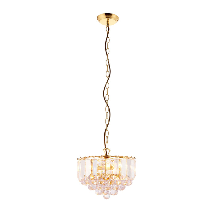 Endon FARGO-12BP Fargo 3lt Pendant Brass plate & clear acrylic 3 x 7W LED E14 (Required) - westbasedirect.com