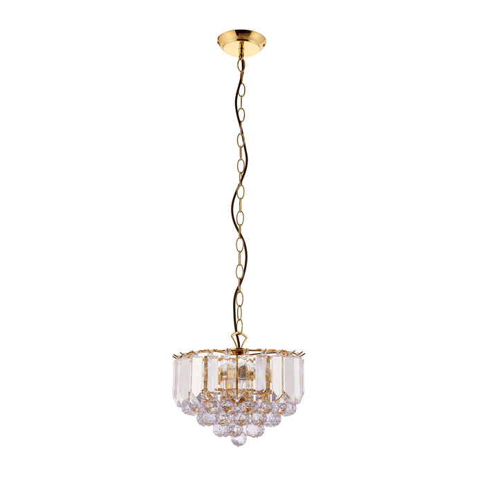 Endon FARGO-12BP Fargo 3lt Pendant Brass plate & clear acrylic 3 x 7W LED E14 (Required) - westbasedirect.com