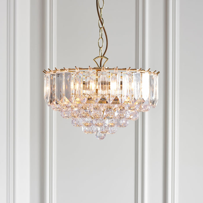 Endon FARGO-14BP Fargo 3lt Pendant Brass plate & clear acrylic 3 x 6W LED E14 (Required) - westbasedirect.com