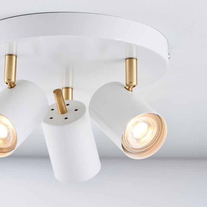 Endon 59932 Gull 3lt Spot Matt white paint & satin brass plate 3 x 7W LED GU10 (Required) - westbasedirect.com