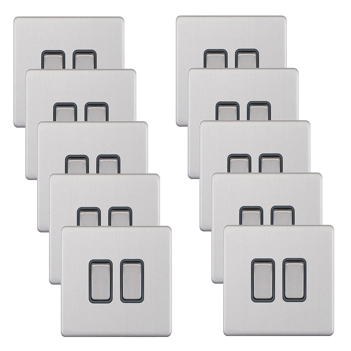 Selectric 5MPLUS-102 5M-PLUS Screwless 2 Gang 2 Way 10AX Plate Switch - Satin Chrome, Grey Insert (Pack 10)