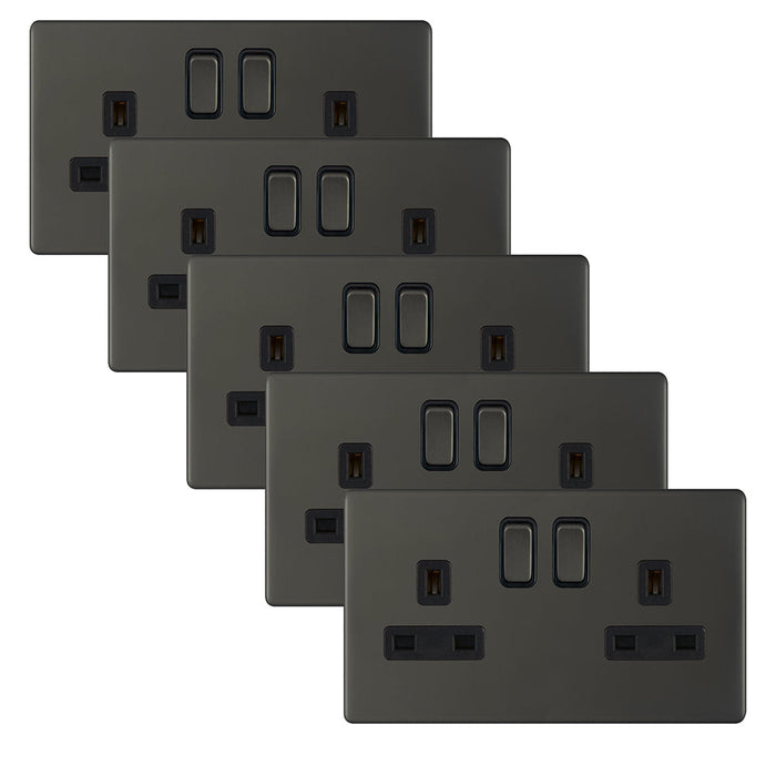 Selectric 5MPLUS-12-22 5M-PLUS Screwless 2 Gang 13A Switched DP Socket Outlet with 2 Earth Terminals - Dark Bronze, Black Insert (Pack 5)