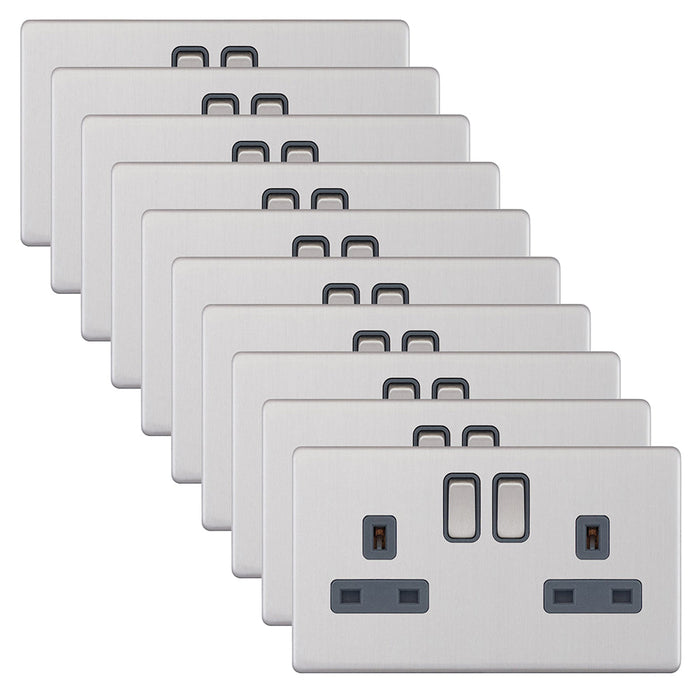 Selectric 5MPLUS-122 5M-PLUS Screwless 2 Gang 13A Switched DP Socket Outlet with 2 Earth Terminals - Satin Chrome, Grey Insert (Pack 10)