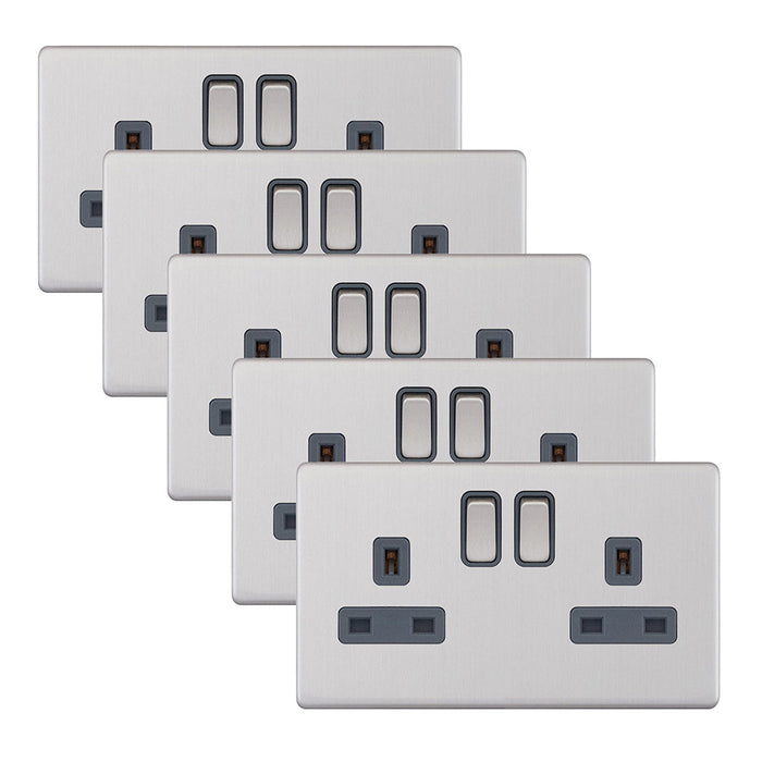 Selectric 5MPLUS-122 5M-PLUS Screwless 2 Gang 13A Switched DP Socket Outlet with 2 Earth Terminals - Satin Chrome, Grey Insert (Pack 5)