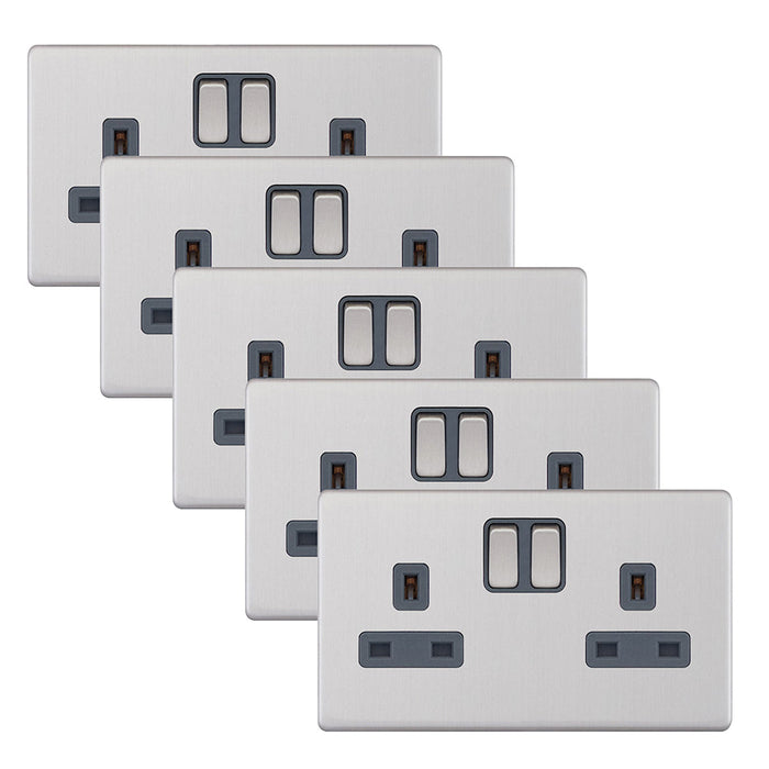 Selectric 5MPLUS-151 5M-PLUS Screwless 2 Gang 13A Switched SP Socket Outlet - Satin Chrome, Grey Insert (Pack 5)