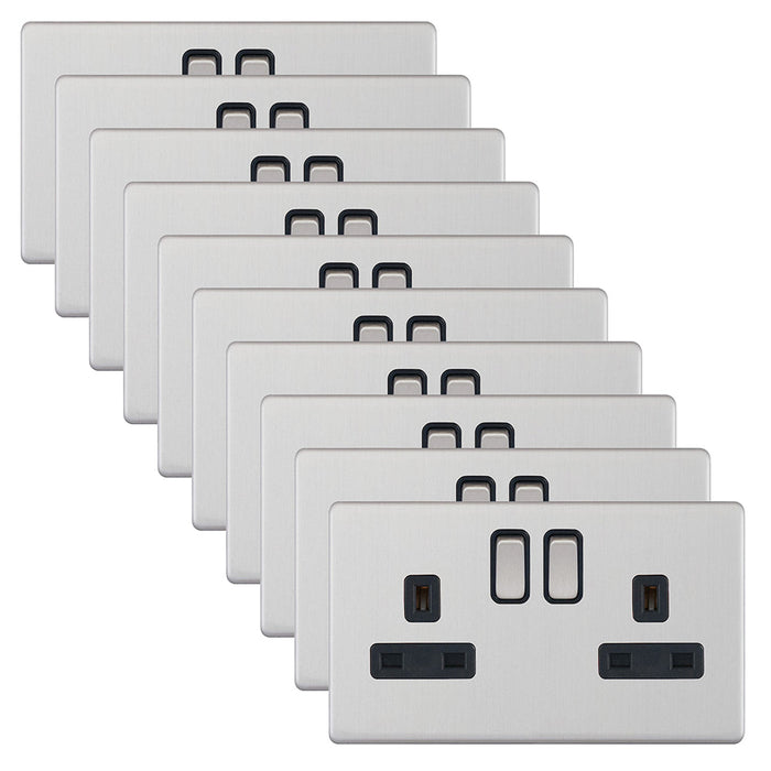 Selectric 5MPLUS-222 5M-PLUS Screwless 2 Gang 13A Switched DP Socket Outlet with 2 Earth Terminals - Satin Chrome, Black Insert (Pack 10)