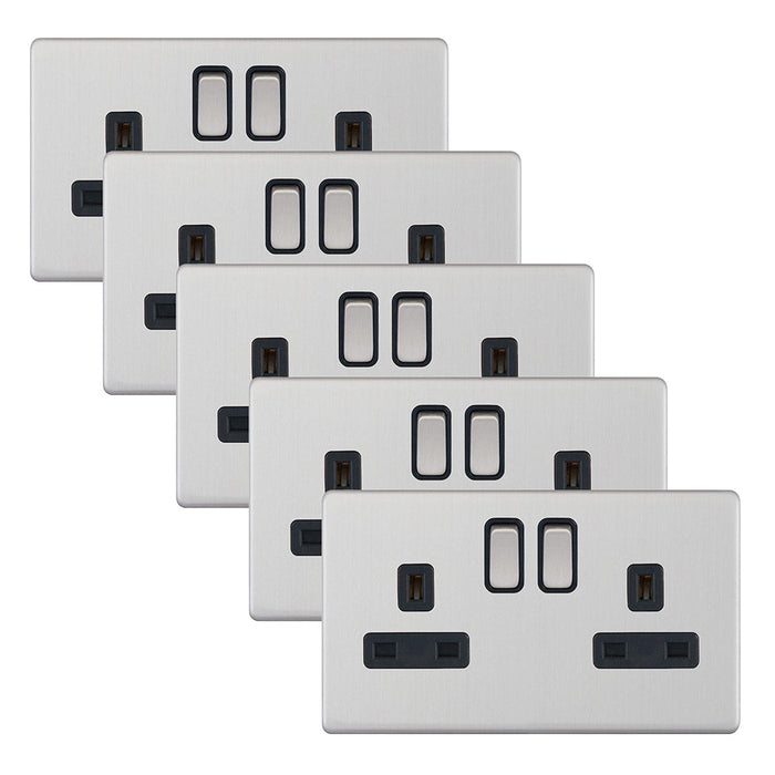 Selectric 5MPLUS-222 5M-PLUS Screwless 2 Gang 13A Switched DP Socket Outlet with 2 Earth Terminals - Satin Chrome, Black Insert (Pack 5)
