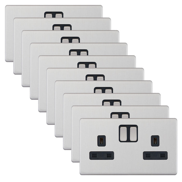 Selectric 5MPLUS-251 5M-PLUS Screwless 2 Gang 13A Switched SP Socket Outlet - Satin Chrome, Black Insert (Pack 10)