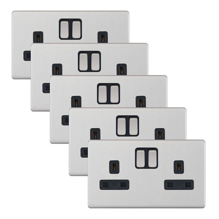 Selectric 5MPLUS-251 5M-PLUS Screwless 2 Gang 13A Switched SP Socket Outlet - Satin Chrome, Black Insert (Pack 5)