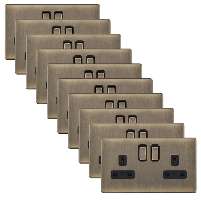 Selectric 5MPLUS-622 5M-PLUS Screwless 2 Gang 13A Switched DP Socket Outlet with 2 Earth Terminals - Antique Brass, Black Insert (Pack 10)