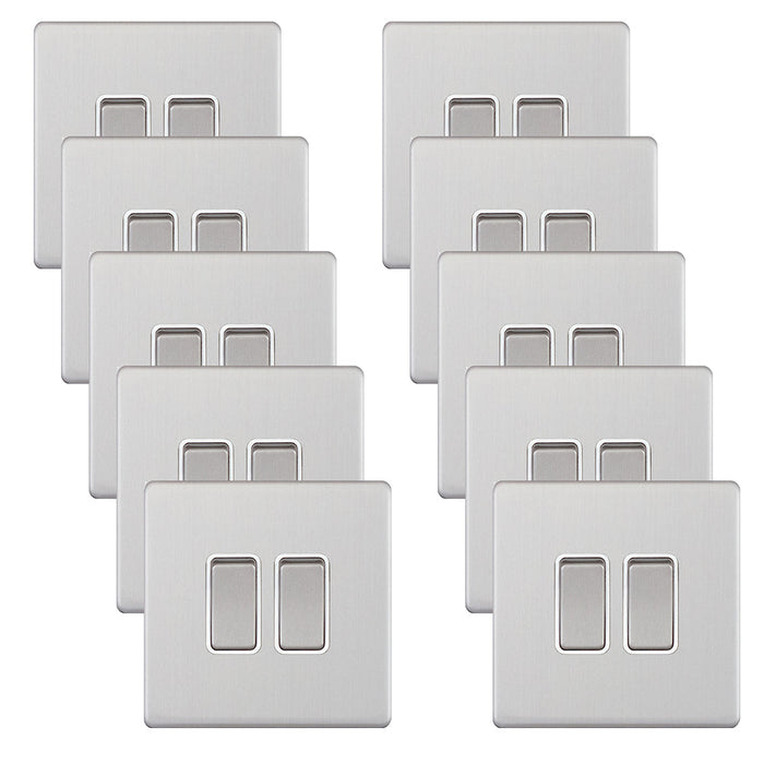 Selectric 5MPLUS-702 5M-PLUS Screwless 2 Gang 2 Way 10AX Plate Switch - Satin Chrome, White Insert (Pack 10)