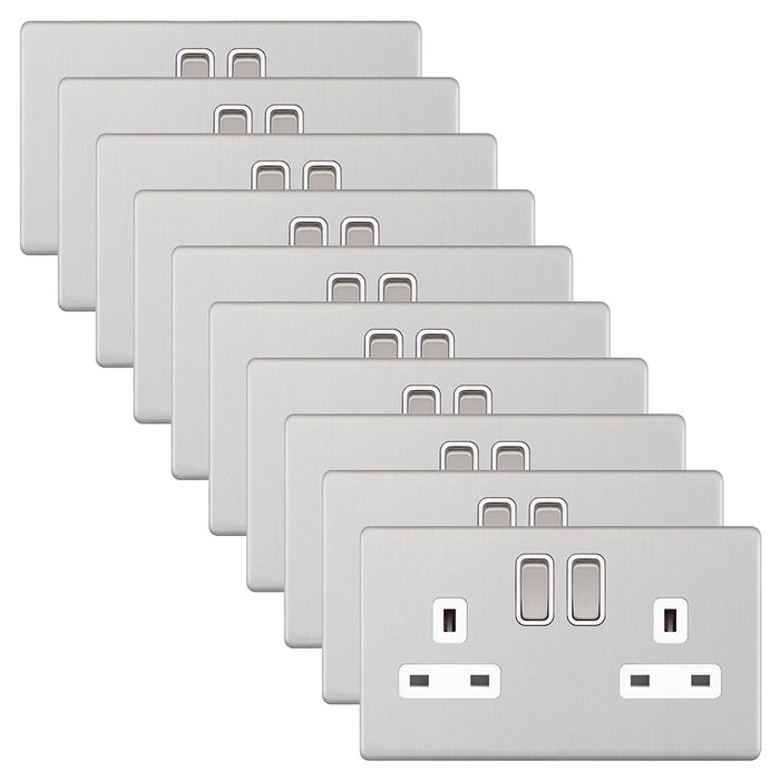 Selectric 5MPLUS-722 5M-PLUS Screwless 2 Gang 13A Switched DP Socket Outlet with 2 Earth Terminals - Satin Chrome, White Insert (Pack 10)