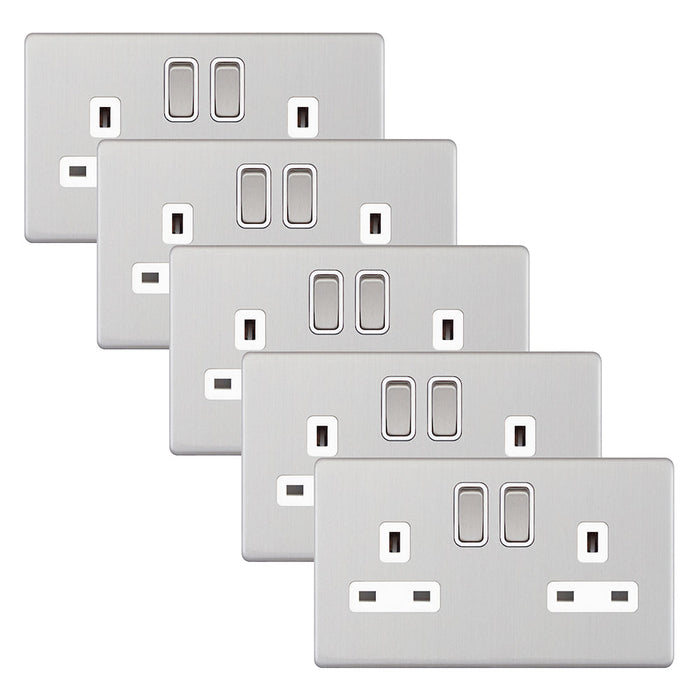 Selectric 5MPLUS-722 5M-PLUS Screwless 2 Gang 13A Switched DP Socket Outlet with 2 Earth Terminals - Satin Chrome, White Insert (Pack 5)