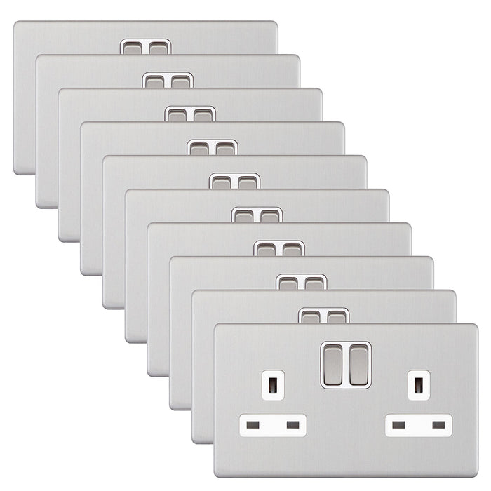 Selectric 5MPLUS-751 5M-PLUS Screwless 2 Gang 13A Switched SP Socket Outlet - Satin Chrome, White Insert (Pack 10)