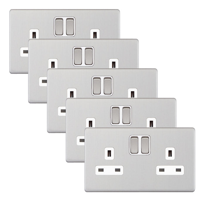 Selectric 5MPLUS-751 5M-PLUS Screwless 2 Gang 13A Switched SP Socket Outlet - Satin Chrome, White Insert (Pack 5)