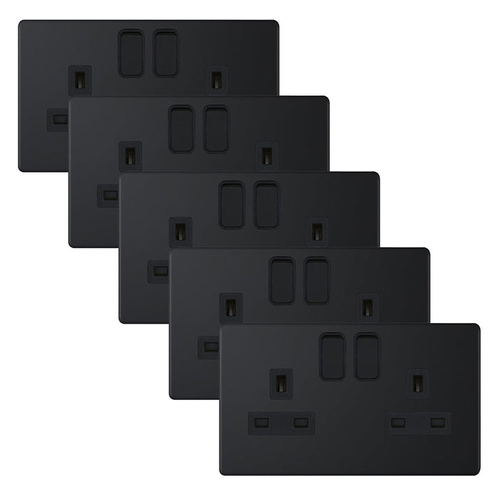 Selectric 5MPLUS-822 5M-PLUS Screwless 2 Gang 13A Switched DP Socket Outlet with 2 Earth Terminals - Matt Black, Black Insert (Pack 5)