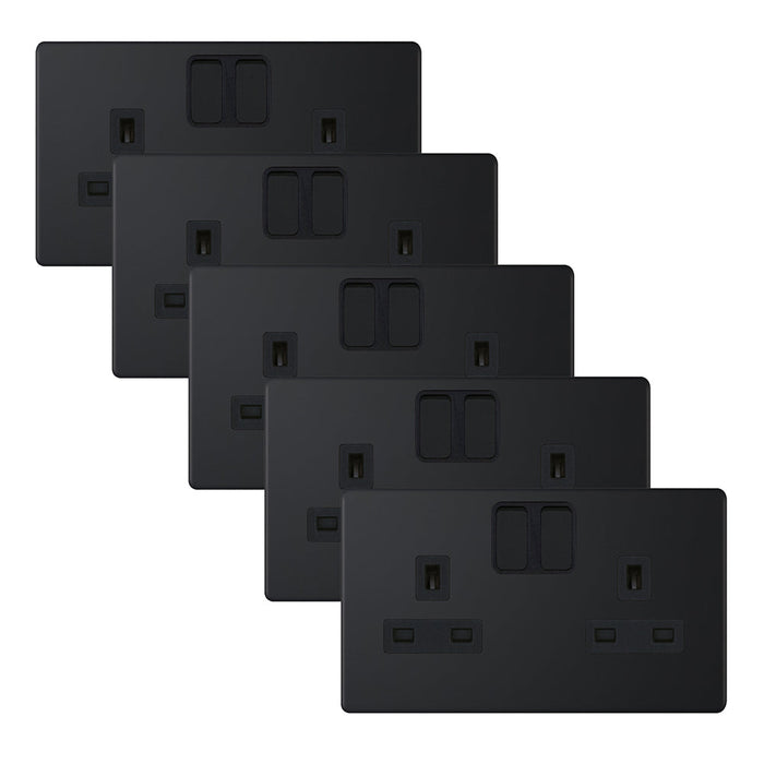 Selectric 5MPLUS-851 5M-PLUS Screwless 2 Gang 13A Switched SP Socket Outlet - Matt Black, Black Insert (Pack 5)