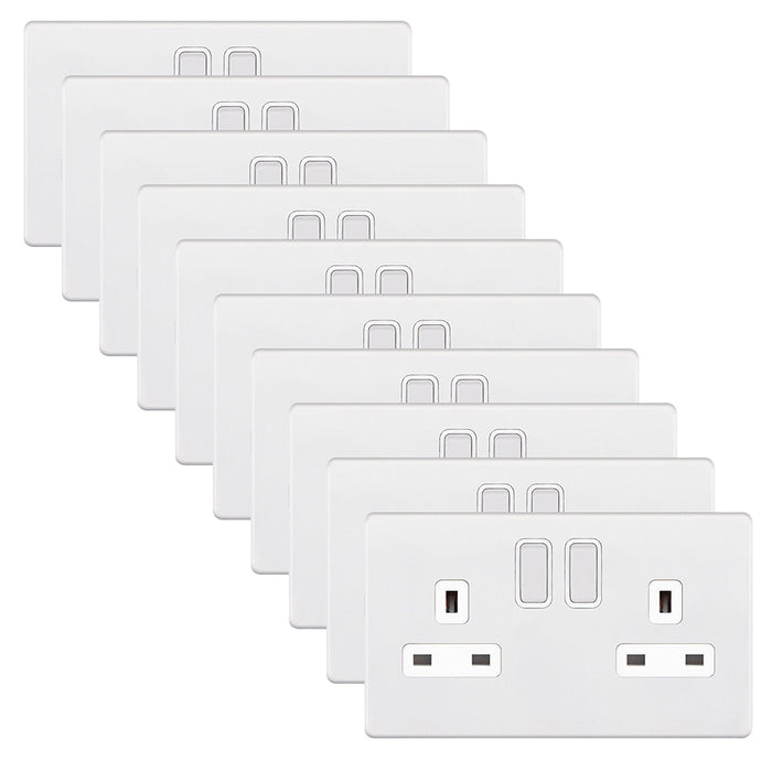 Selectric 5MPLUS-922 5M-PLUS Screwless 2 Gang 13A Switched DP Socket Outlet with 2 Earth Terminals - Matt White, White Insert (Pack 10)