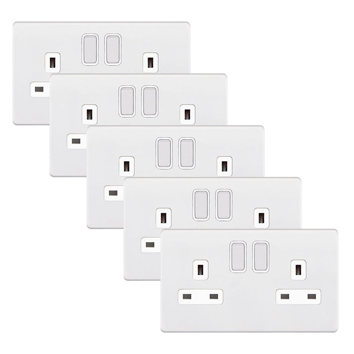 Selectric 5MPLUS-922 5M-PLUS Screwless 2 Gang 13A Switched DP Socket Outlet with 2 Earth Terminals - Matt White, White Insert (Pack 5)