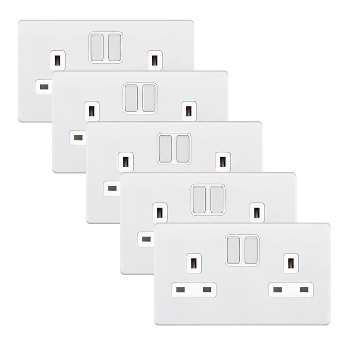 Selectric 5MPLUS-951 5M-PLUS Screwless 2 Gang 13A Switched SP Socket Outlet - Matt White, White Insert (Pack 5)