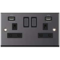 Selectric 7MPRO-461 7M-PRO 2 Gang 13A Switched Socket Outlet with 2x USB Type-A (2.1A/1A) - Black Nickel, Black Insert