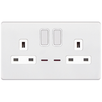 Selectric 5MPLUS-924 5M-PLUS Screwless 2 Gang 13A Switched DP Socket Outlet with Neon - Matt White, White Insert