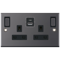 Selectric DSL486 5M 2 Gang 13A Switched SP Socket Outlet (Outboard Rockers) + 2 Earth Terminal with 1x USB Type-A (2.4A) & 1x USB Type-C (3A) - Black Nickel, Black Insert